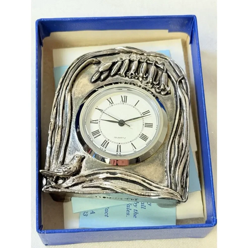 Silver Scenes Silverplated Mini Clock with Bird and Blue Bells